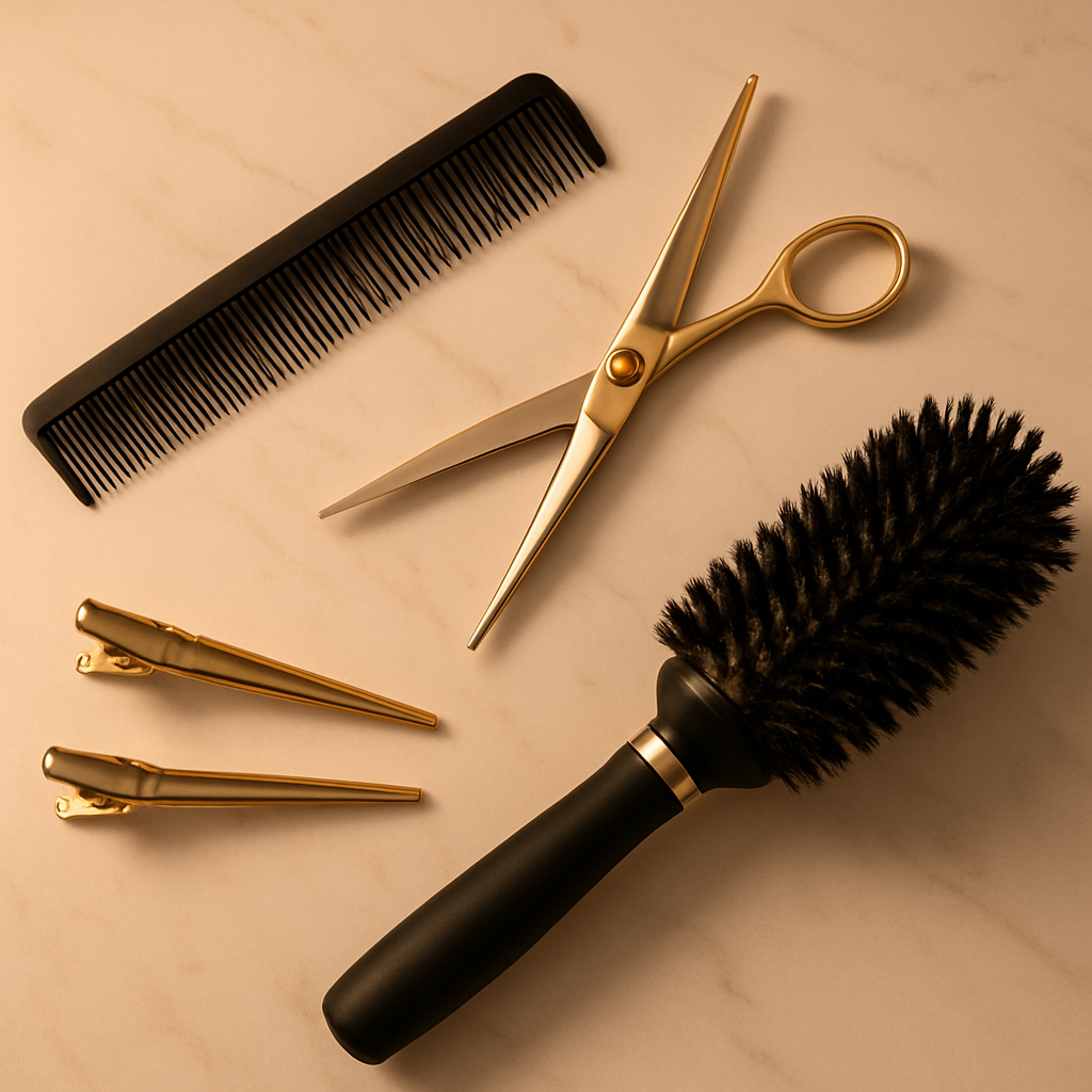 Premium hair salon styling tools on marble — scissors, combs, and brushes