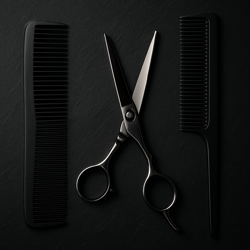 Professional hair scissors and combs on dark slate background