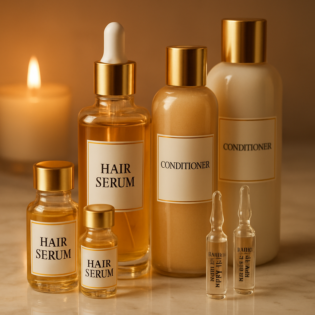 Luxury hair treatment products and serums on a marble surface